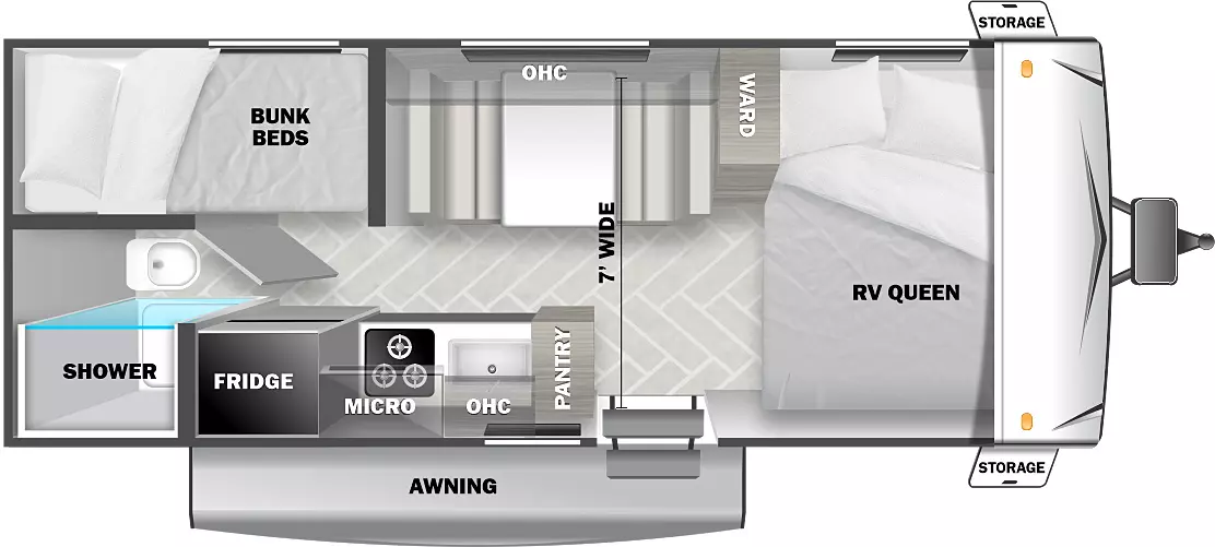 The EVO 177BQ has no slideout and one entry door. Exterior features include front storage, and an awning. Interior layout front to back: front bunk mat with shelf above; off-door side wardrobe, dinette and overhead cabinet; door side entry, kitchen counter with sink, overhead cabinet, microwave, cooktop stove, and refrigerator; rear off-door side bunk beds; rear door side bathroom with tub/shower and toilet only.