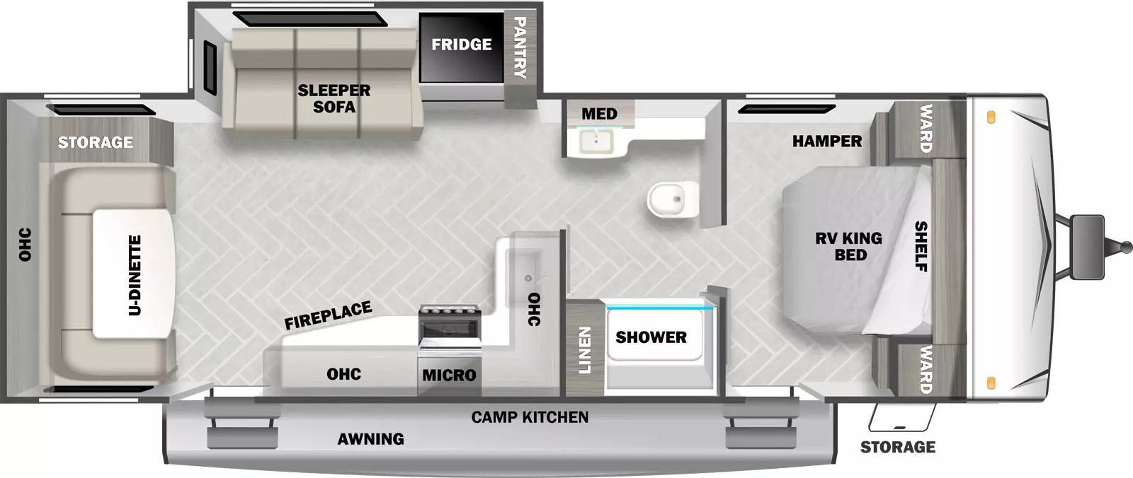 The T2560 has 1 slide out and 2 entry doors. Exterior features include an awning, camp kitchen with refrigerator and griddle, and front luggage compartment. Interior layout from front to back includes: front bedroom with RV King bed, wardrobes and overhead cabinet; walk-through bathroom with shower, linen storage, toilet, vanity and medicine cabinet; door side kitchen with stovetop, overhead microwave and cabinets, TV and entertainment center with fireplace; off-door slide out containing a sleeper sofa, refrigerator and pantry; and rear wall U-dinette with storage and overhead cabinet.