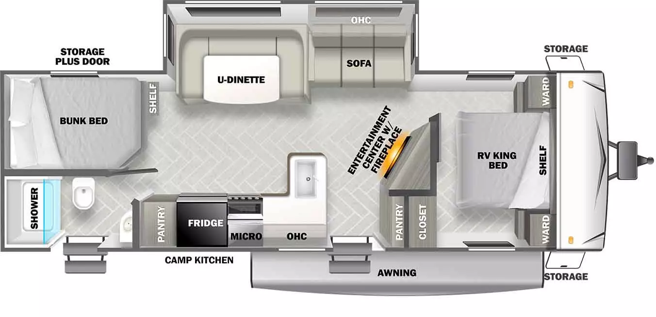 The T2650 has one slideout, and two entries. Exterior features include awning, camp kitchen, and front storage. Interior layout front to back: RV king bed with wardrobes on each side, shelf above, and a door side closet; angled entertainment center with fireplace below along inner wall; off-door side slideout with sofa, overhead cabinet, and u-dinette; door side pantry, entry, peninsula kitchen with sink, overhead cabinet, microwave, cooktop, refrigerator, and second pantry; rear off-door side bunk beds with shelf and storage plus door outside access; rear door side full bathroom with second entry.