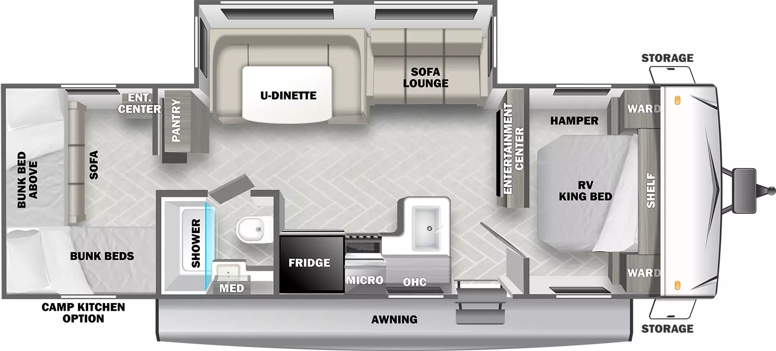 The T2700QBL has 1 slide out on the off-door side and 1 entry door. Exterior features include a camp kitchen option on the door side, awning and storage. Interior layout from front to back includes: front bedroom with RV King bed, opposing side wardrobes, hamper and shelf above the head of the bed; rear facing entertainment center; off-door side slide out holding a U-dinette and sofa lounge; door side kitchen with refrigerator, stovetop, overhead microwave and cabinet, and L-shape countertop with kitchen sink; door side bathroom with shower, toilet, vanity and medicine cabinet; pantry across from bathroom; rear bunk house with a single bunk bed on the rear wall, bunk beds on the door side and a sofa under the rear wall bunk.