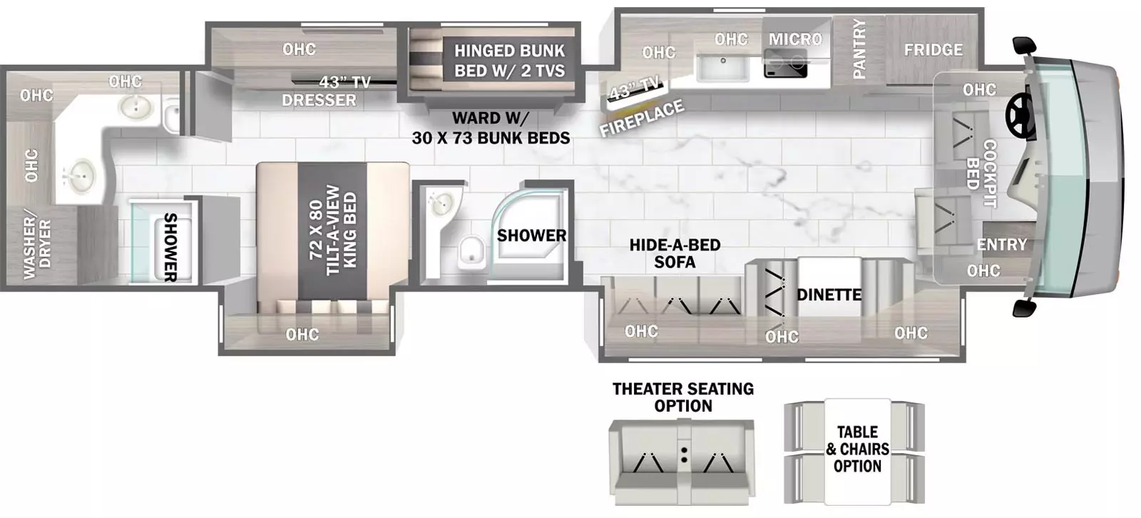 The 45A has four slideouts and one entry. Interior layout front to back: cockpit with entry, overhead cabinets and cockpit bed; off-door side slideout with refrigerator, pantry, microwave over cooktop, kitchen counter with sink, overhead cabinets, and angled TV and fireplace; door side slideout with dinette, hide-a-bed sofa, and overhead cabinets; off-door side slideout with wardrobe with hinged bunks with two TVs, and bedroom dresser with overhead cabinets and TV; door side aisle full bathroom; door side slideout with tilt-a-view king bed and overhead cabinet; rear full bathroom with two sinks, overhead cabinets and linen closet. Optional table and chairs in place of dinette. Optional theater seating in place of hide-a-bed sofa.